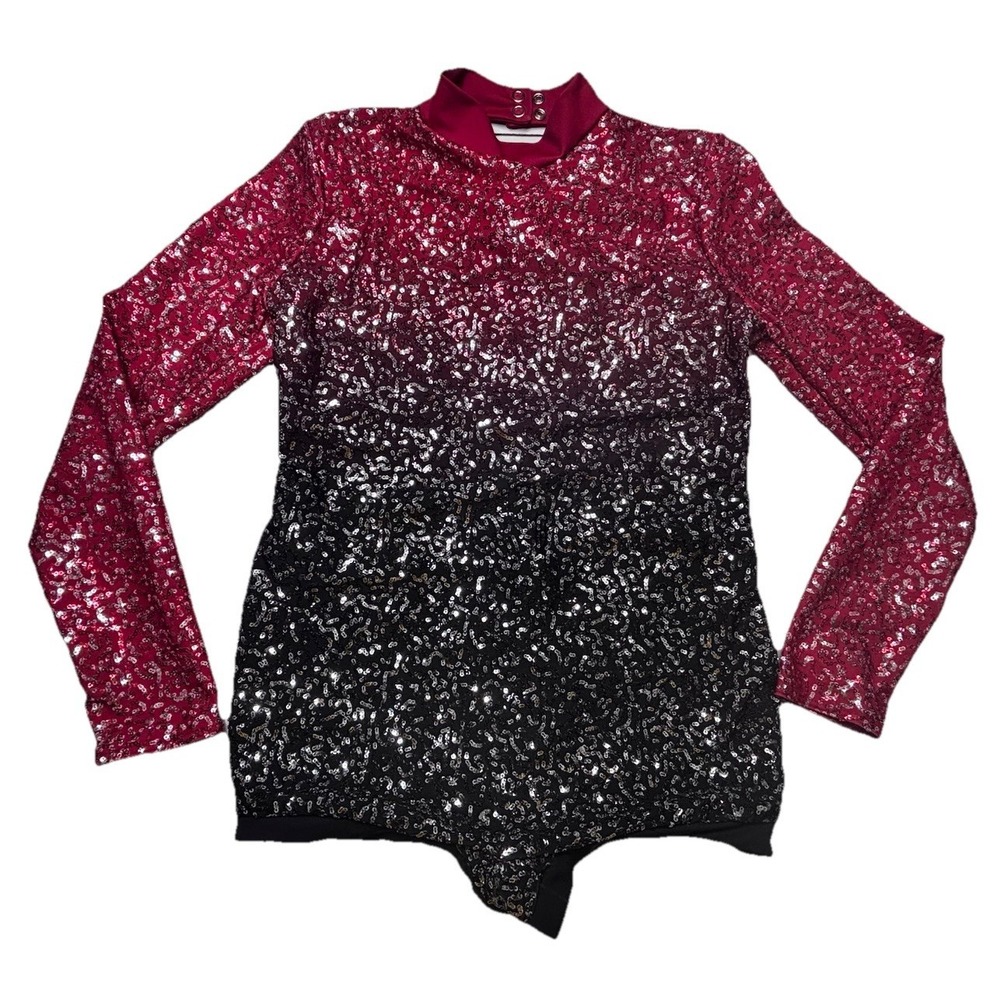 Weissman Sequin Performance Leotard Ombre Red Black Open Back Long Sleeve XLC
